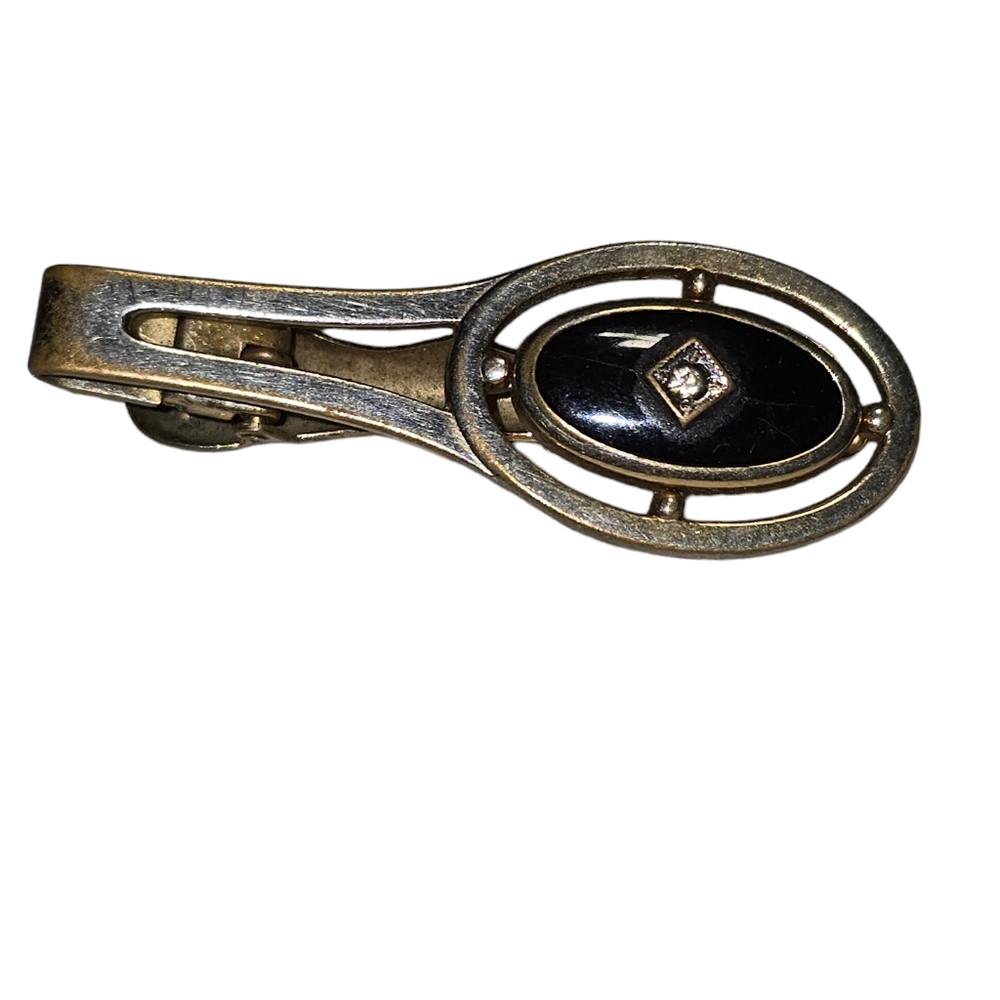 CAVALIER Vintage TIE BAR CLIP TACK Faux Black Onyx RHINESTONE CENTER MCM L6